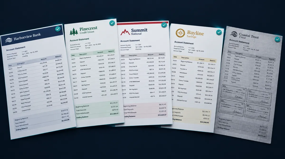 Bank statements from five fictional banks, one of them a crooked scan with handwritten checks