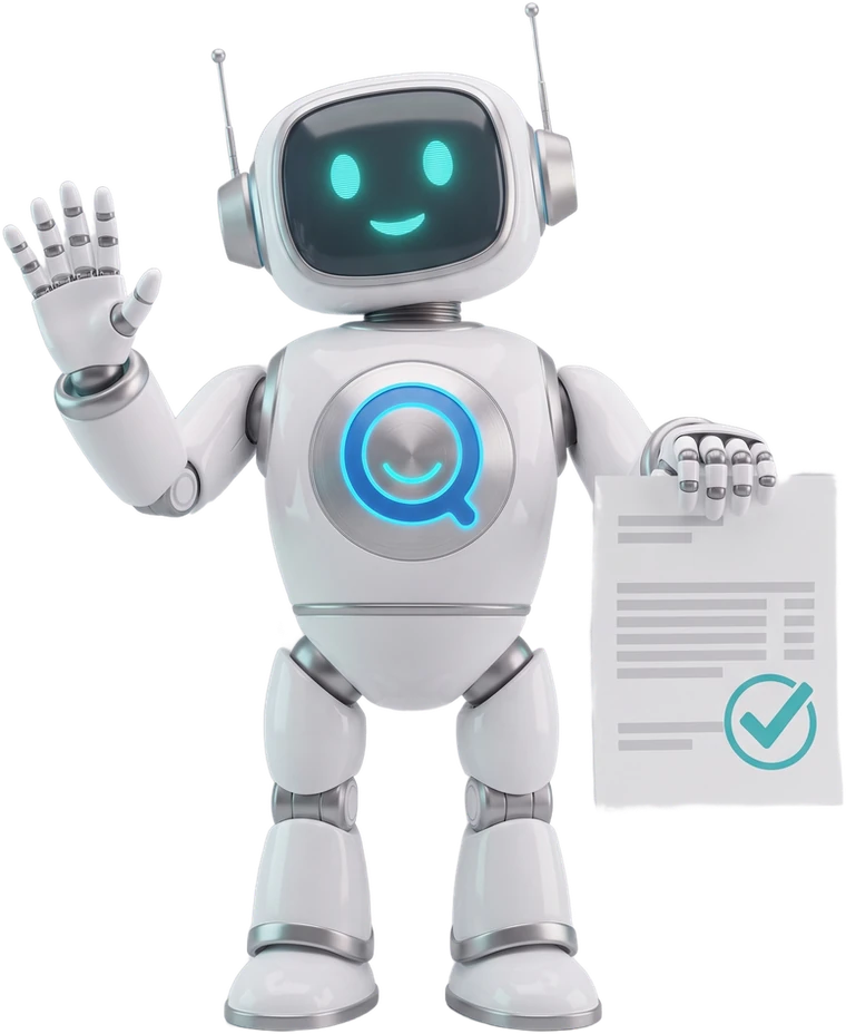 QBuddy, the friendly bookkeeping robot, waving and holding a bank statement stamped with a check mark