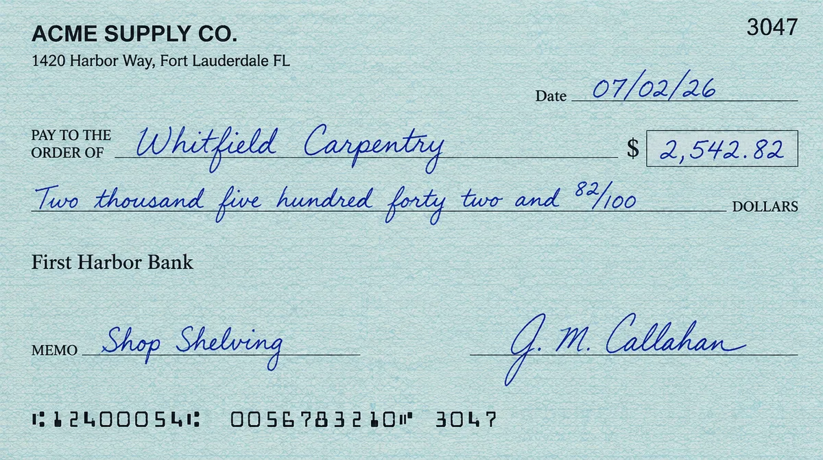 A handwritten check, invented for this example