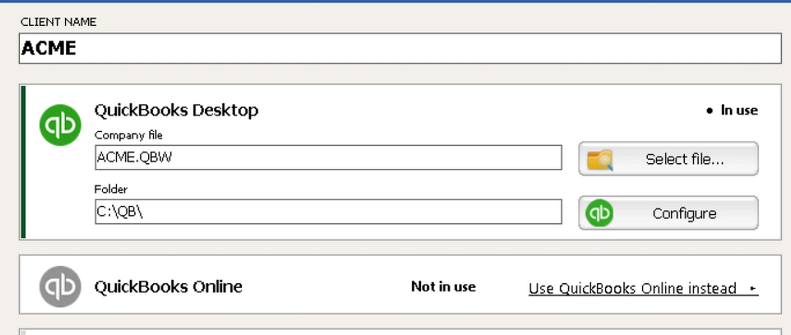 Tarjeta de cliente de QBuddy: este cliente registra en QuickBooks Desktop, con un enlace para usar QuickBooks Online