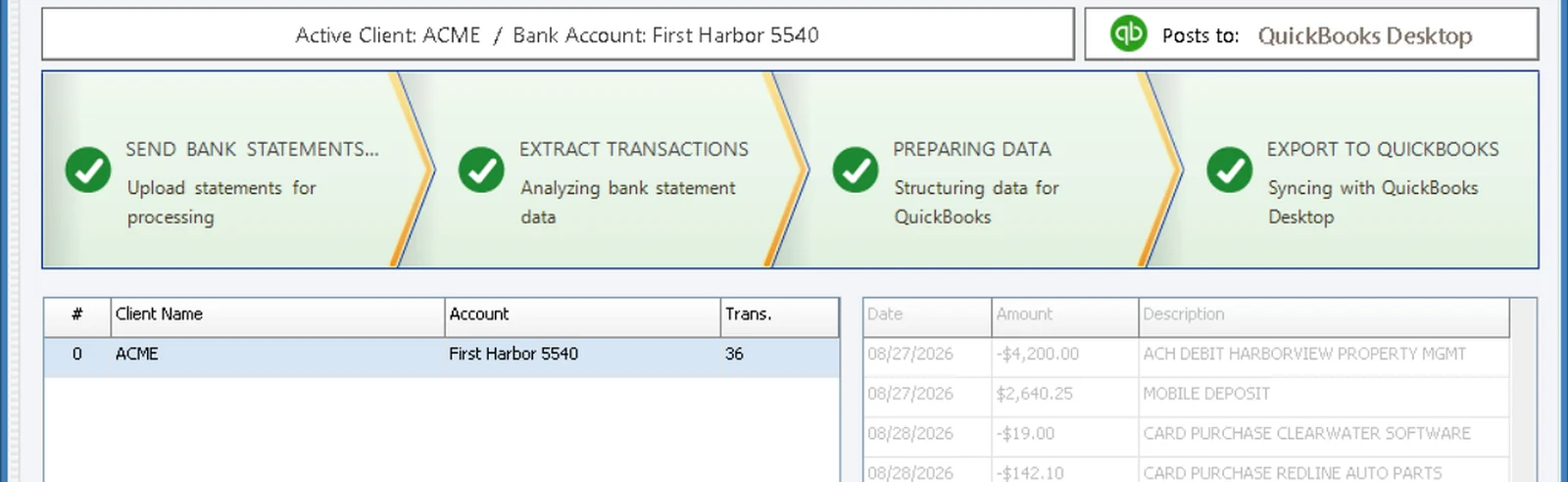 Processing Center de QBuddy: un estado de cuenta leído, preparado y registrado en QuickBooks Desktop