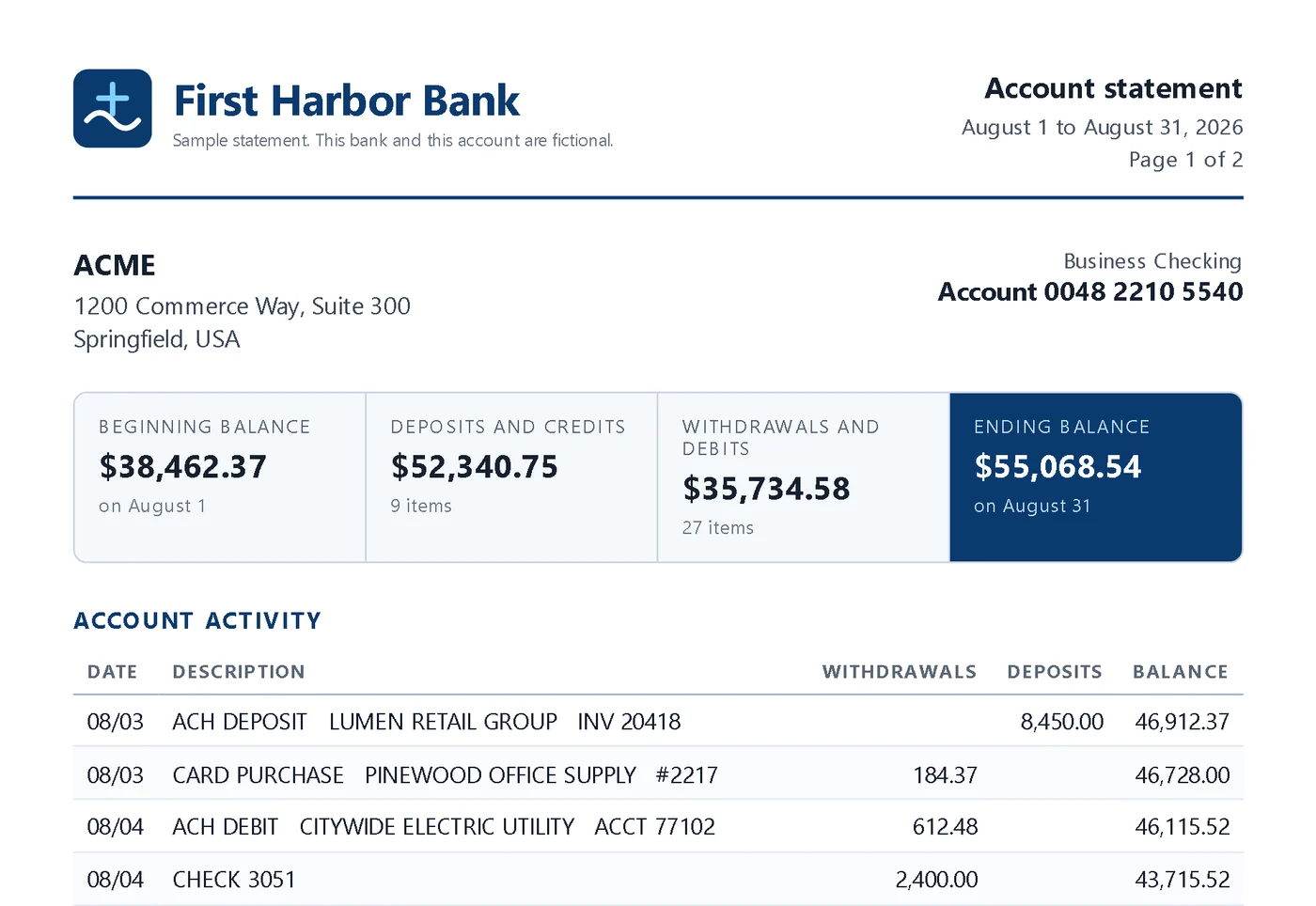 The PDF the bank already gives you: balances and totals included.