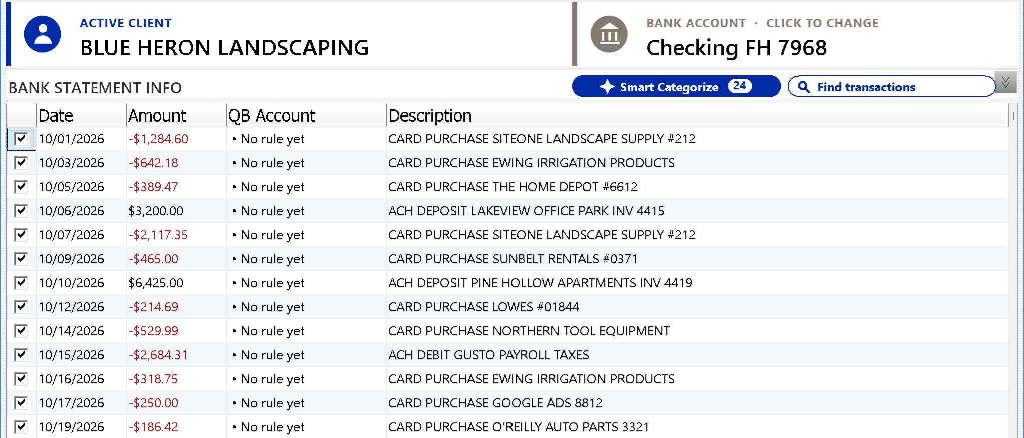 QBuddy review of a sample client: every line says No rule yet, and the Smart Categorize button counts 24