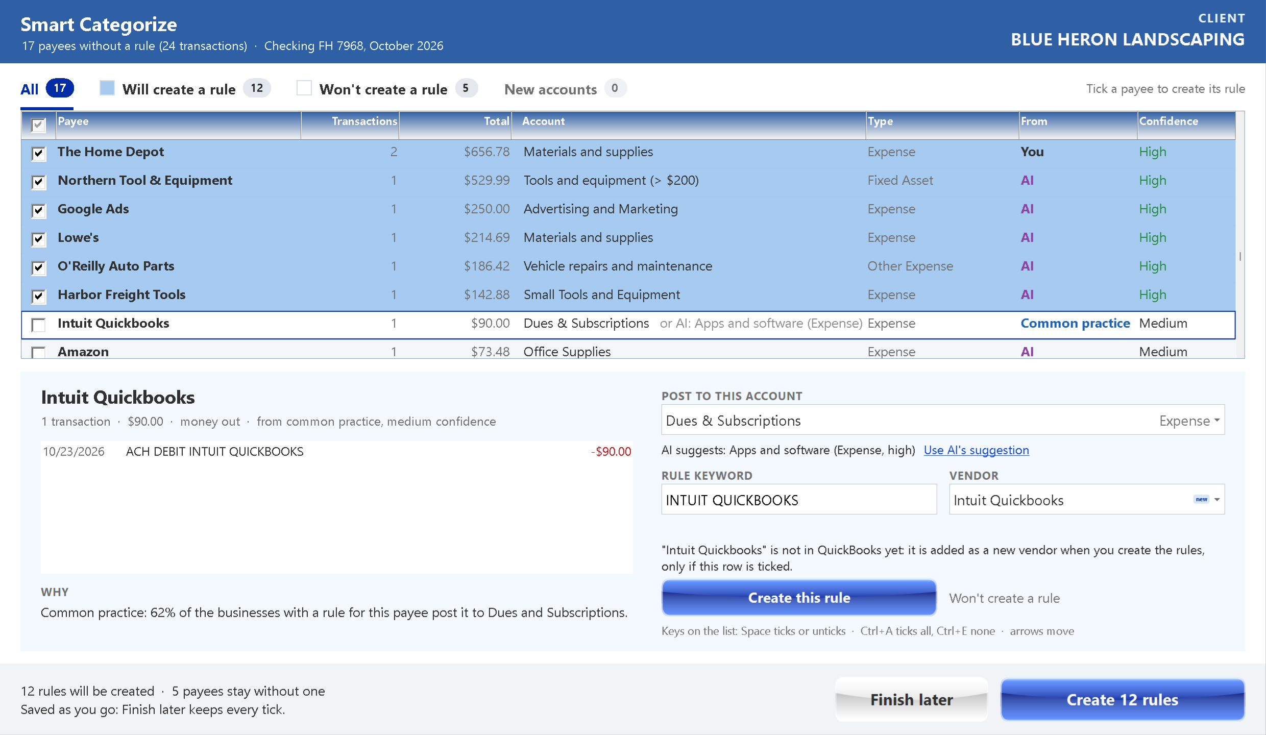 Smart Categorize: a payee suggested by common practice, with the answer of AI beside it and the reason