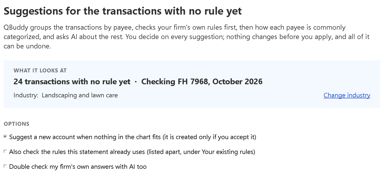 Smart Categorize before it starts: the 24 lines with no rule, the statement, the industry of the client and the options