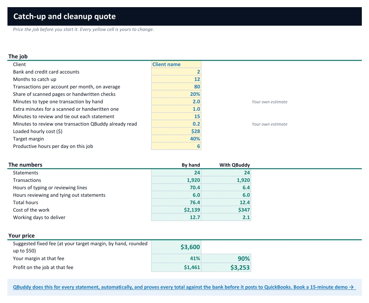 The Catch-up quote sheet of the toolkit workbook