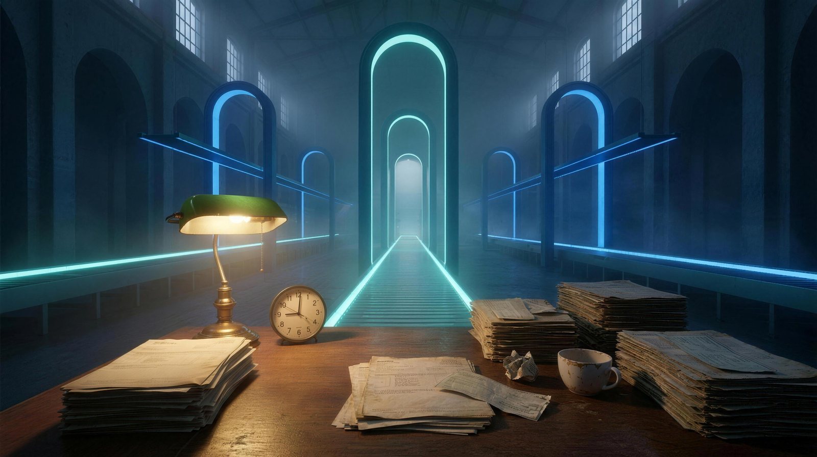 A desk piled with bank statements before a glowing process line